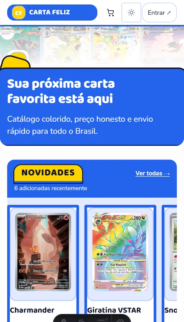 Divertido: faixa azul com nuvem amarela, trilho Novidades em blocos coloridos