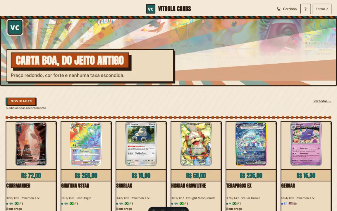 Retrô: cartaz laranja com sombra dura, trilho Novidades com títulos em caixa alta