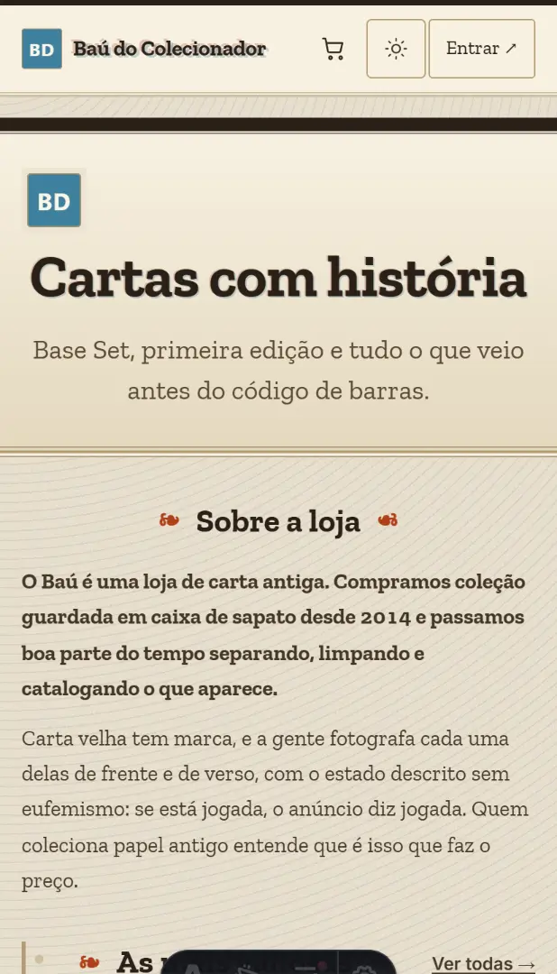 Vintage: masthead “Cartas com história” em papel, Sobre a loja e trilho de polaroids